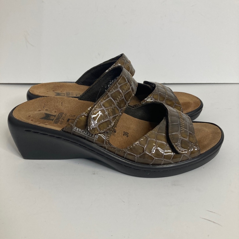 Mephisto Mobils Sandals Womens 36 6 Brown Faux Croc Leather Two Strap Wedge